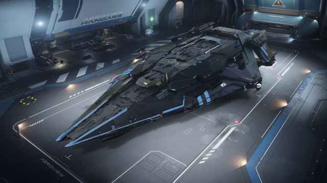 Star Citizen ship in the hangar ready for takeoff