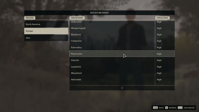 The Server Browser screen