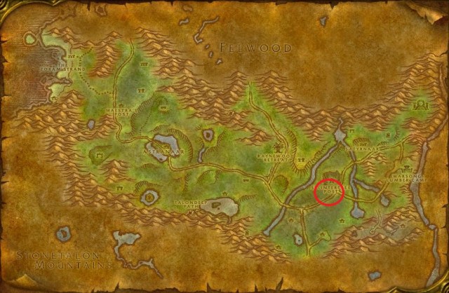 Map of Ashenvale showing the exact location of the Locke Okarr NPC