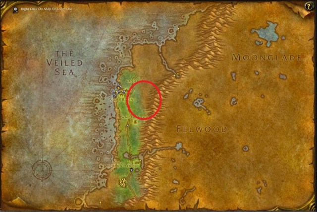 Map of Darkshore showing the best farming spot for Small Eggs