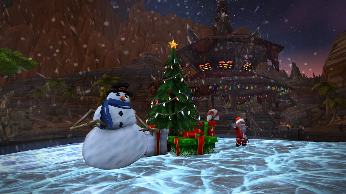 Gnome and Snowman next to a Christmas tree in Orgrimmar