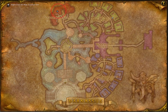 Map of Darnassus showing the exact location of reagent vendor