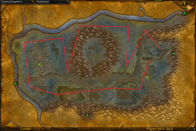 Map of Duskwood showing the best farming route for Swiftthistle