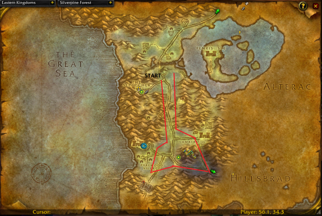 Map of Silverpine Forest showing the best farming route for Swiftthistle