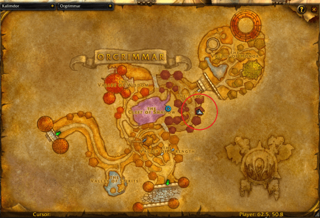 Map of Orgrimmar, showing the exact location of Tailoring Supplies vendor.