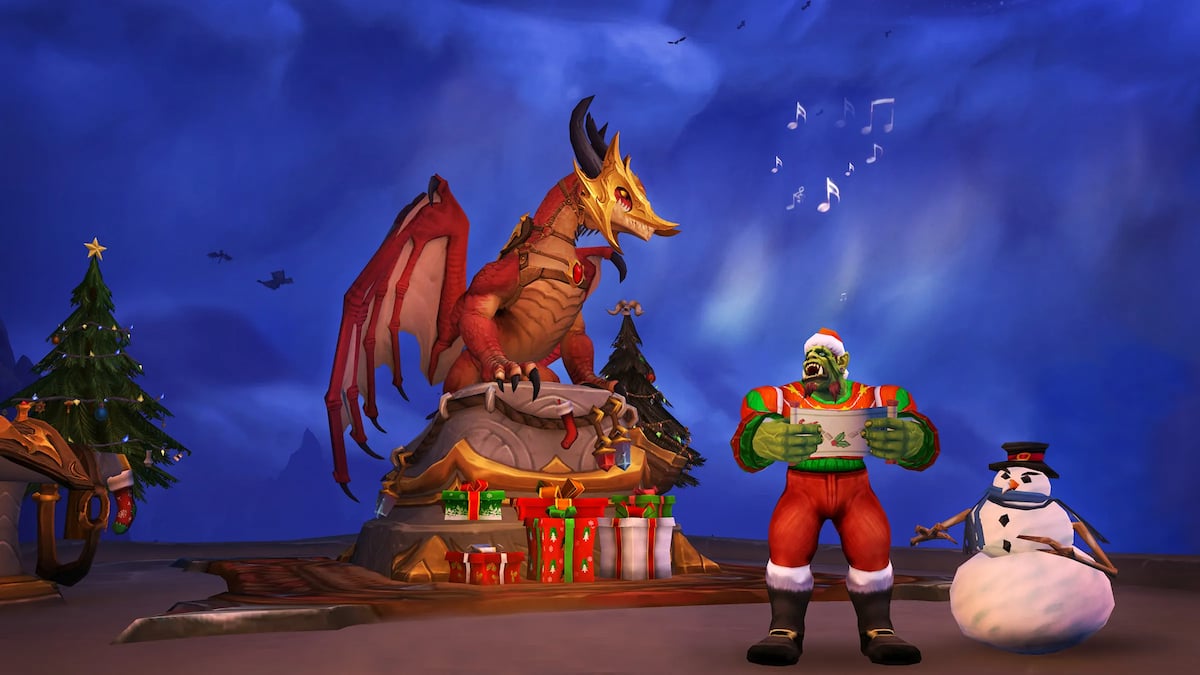 Orc singing in Valdrakken next to the red dragon