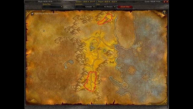 Map of Barrens showing where to farm Tin