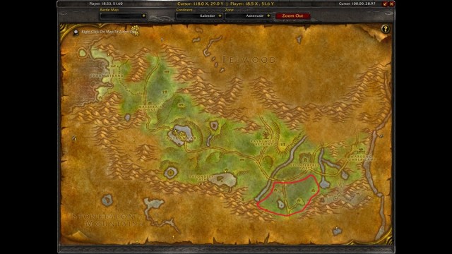 Ashenvale Map showing location of Tin ore