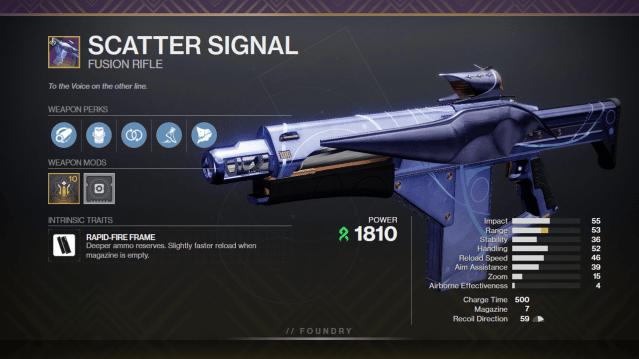 A graphic depicting Scatter Signal alongside its perks and stats. It has Perpetual Motion and Kickstart equipped.