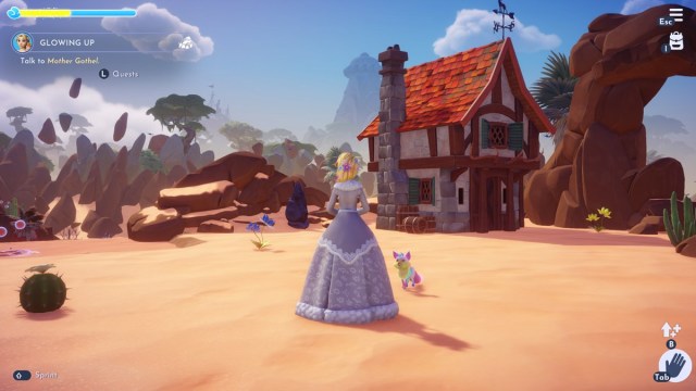 Player standing in front of Gaston's Lodge