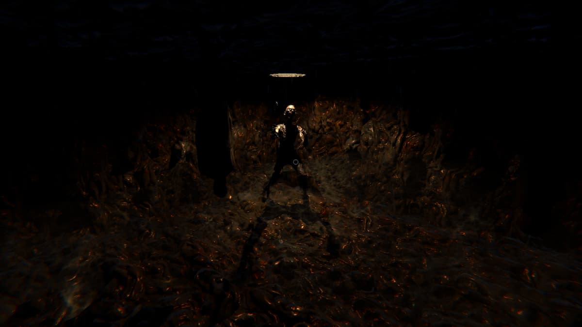 A ghost standing in a dark room while killing the player in Phasmophobia.