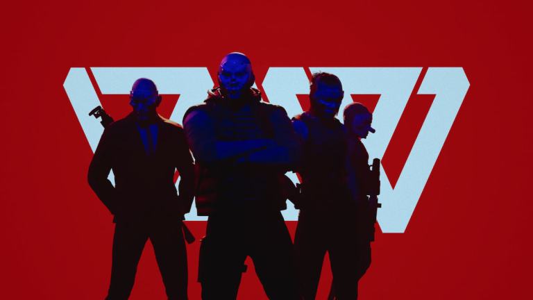 Three characters stand in front of a red screen and a white logo in Den of Wolves.