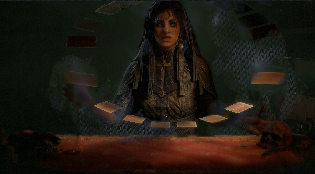 Image of a woman with several floating playing cards in front of her.