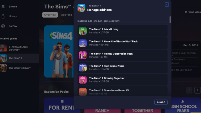 The manage add-ons menu for The Sims 4 in the EA app.