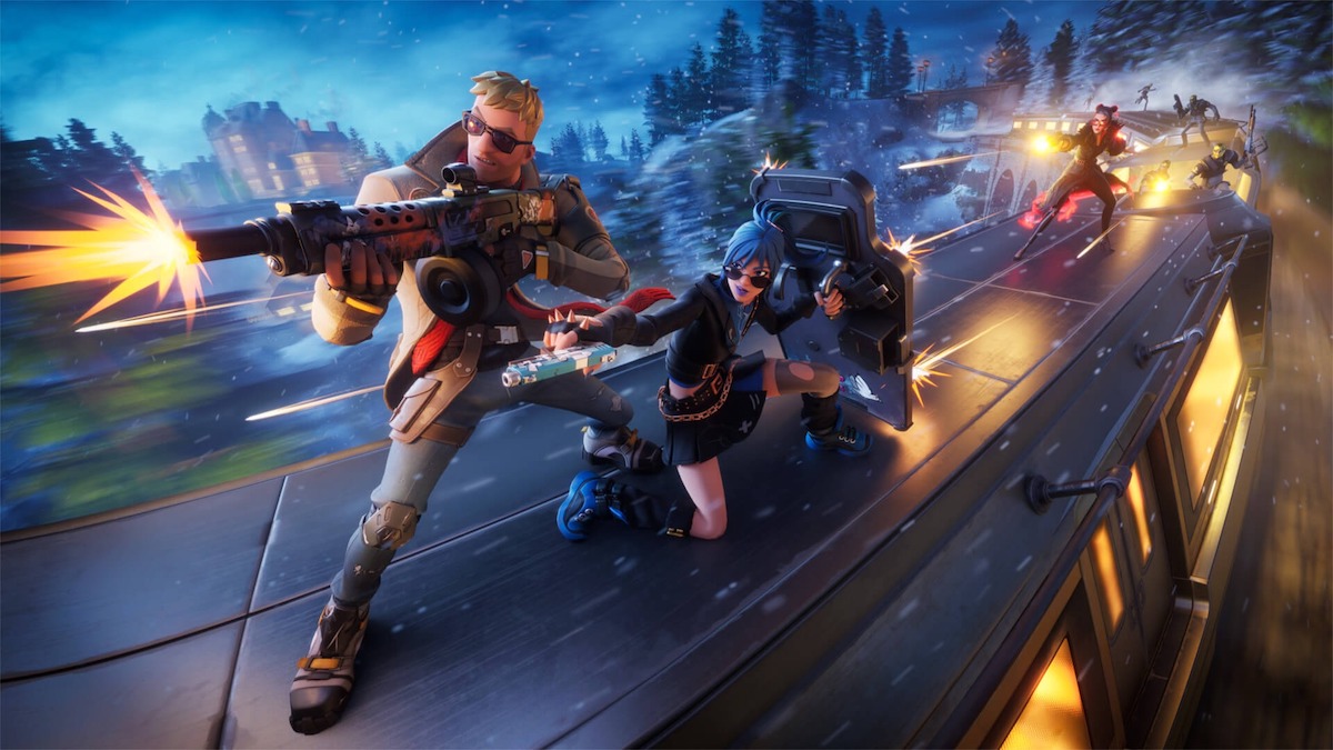 Fortnite characters shooting weapons on a train.