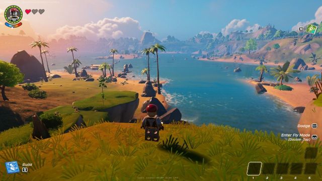 A LEGO Fortnite screenshot showing a vast beach in world seed 1.