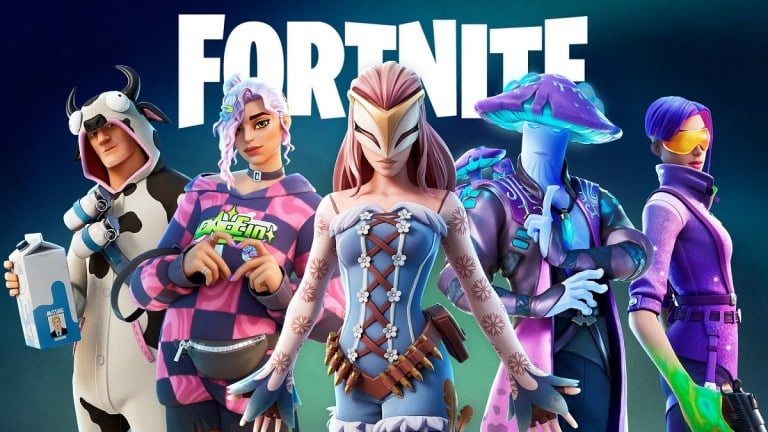 Fortnite skins and characters posing together as a group.