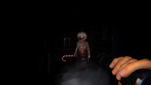 A holiday ghost with a snowman head holding a candy cane and walking toward the player in Phasmophobia.