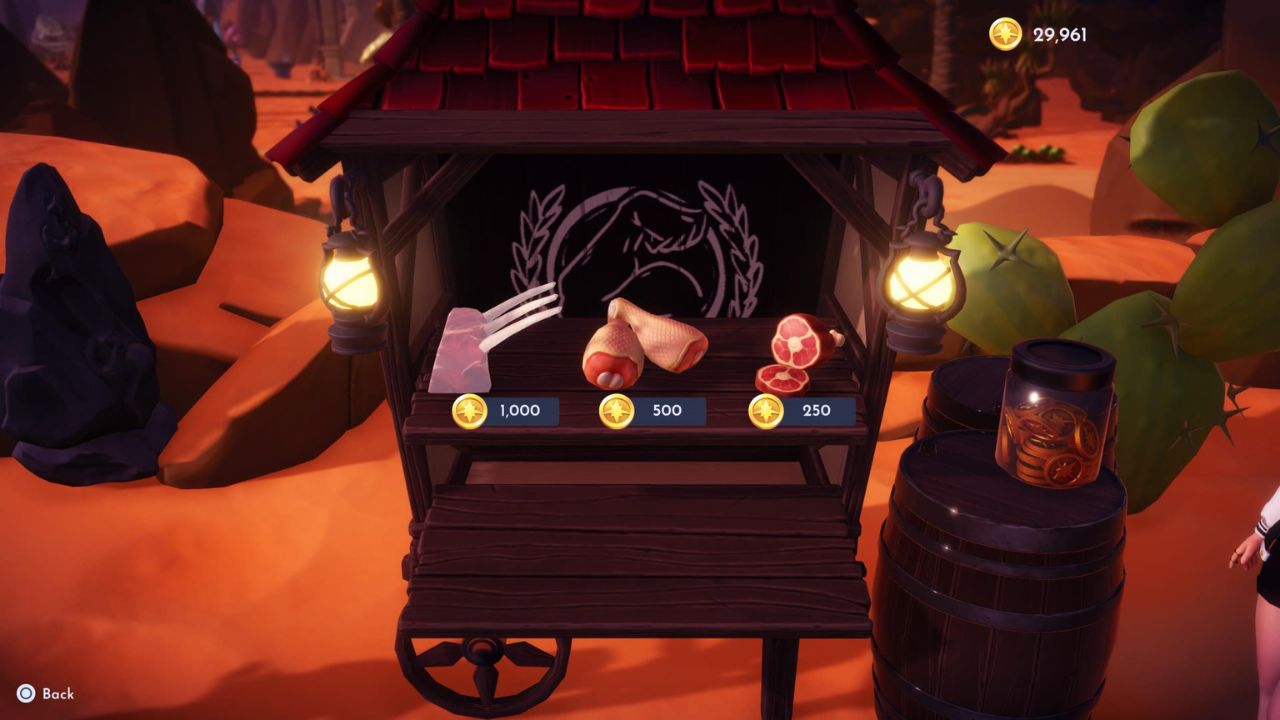 Gaston's meat stall with three types of meat and their prices in Disney Dreamlight Valley