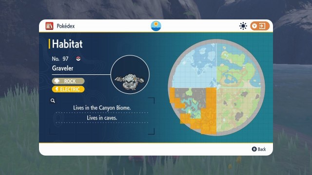 A map in The Indigo Disk indicating where to find Graveler. The map indicates Graveler lives in a desert section of the map.