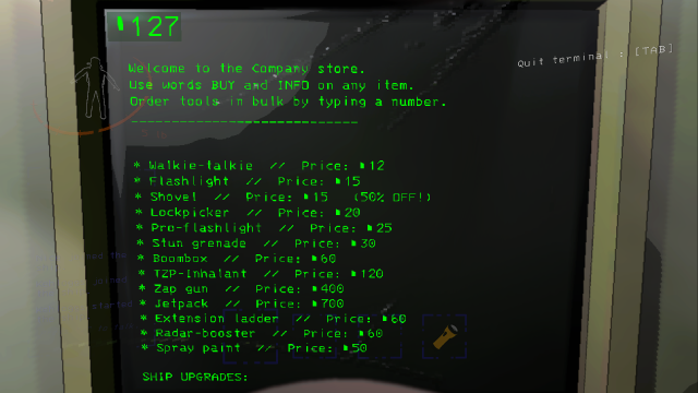 The main screen of the Terminal in Lethal Company. There's green text on a black screen, listing out the various options to pick from.