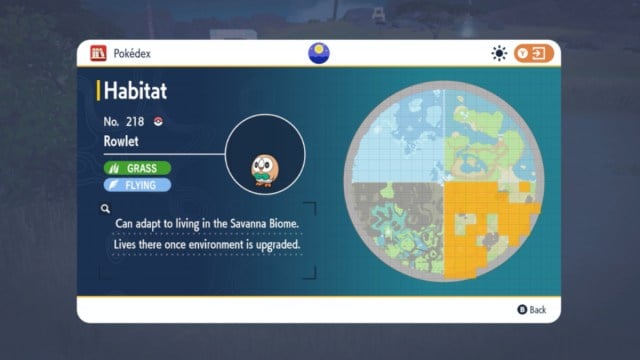 A screenshot showing Rowlet's spawn locations in The Indigo Disk.