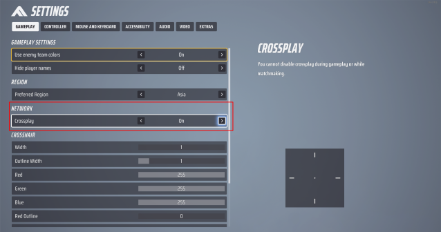 A screenshot of THE FINALS menu with the Crossplay setting highlighted by a red shape.