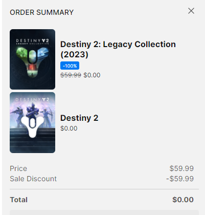 A screenshot of Destiny 2: Legacy Collection for free on the Epic Games Store.