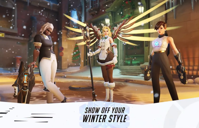 Sojourn, Mercy, and Tracer in their 2023 Winter Wonderland skins in Overwatch 2.