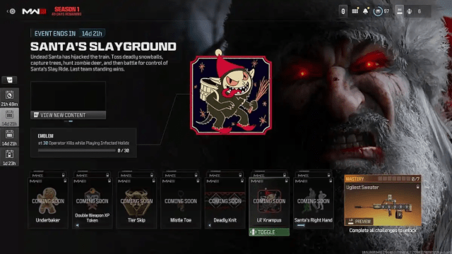 The MW3 Santa's Slayground event screen, featuring rewards and an evil, red-eyed Santa Claus in the background.