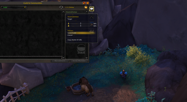 A dwarf in WoW Dragonflight hovering over the Leave Guild button while standing in Valdrakken.