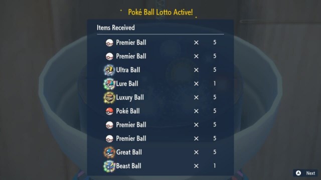 A collection of Pokeballs awarded by the Item Printer in The Indigo Disk.