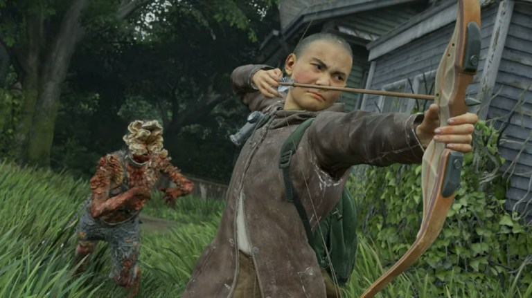 The Last of Us Part 2 Remastered Lev aiming bow and arrow as clicker comes from behind