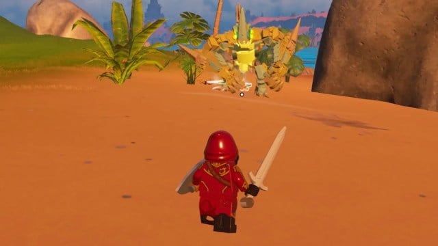 A LEGO Fortnite Chracter approaching a Brute.