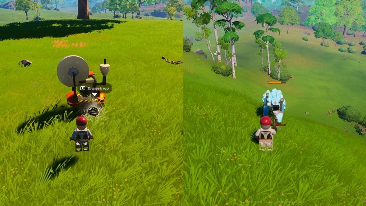 LEGO Fortnite character creating a Drawstring on the left and attacking a wolf with a bow on the right