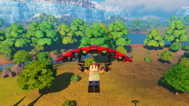 A LEGO Fortnite player using a glider.