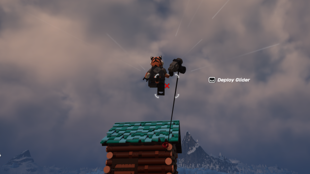 A LEGO Fortnite player using a Grappler to get on top of a watchtower.