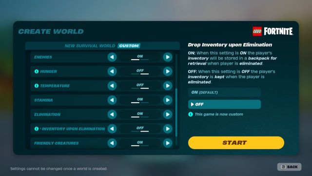 A screenshot of LEGO Fortnite's world settings showing balanced options