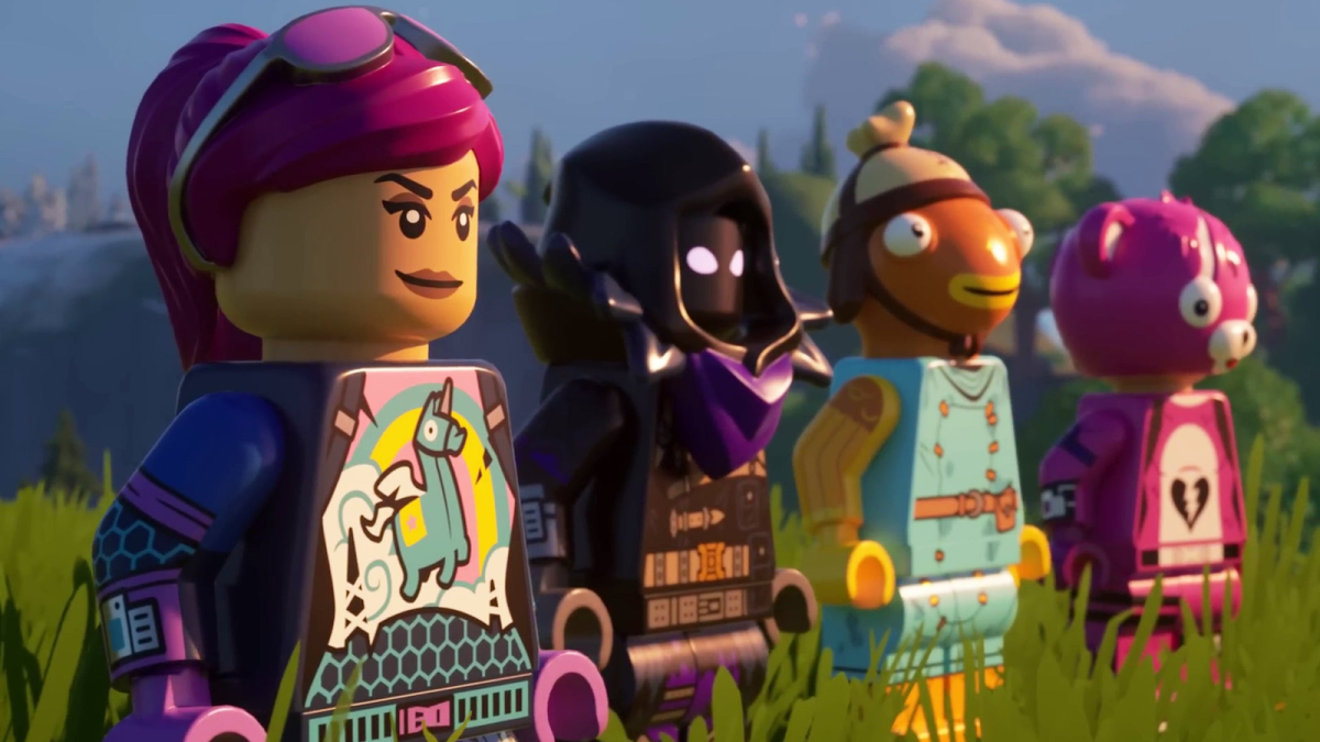 LEGO Fortnite friends lined up on a hill