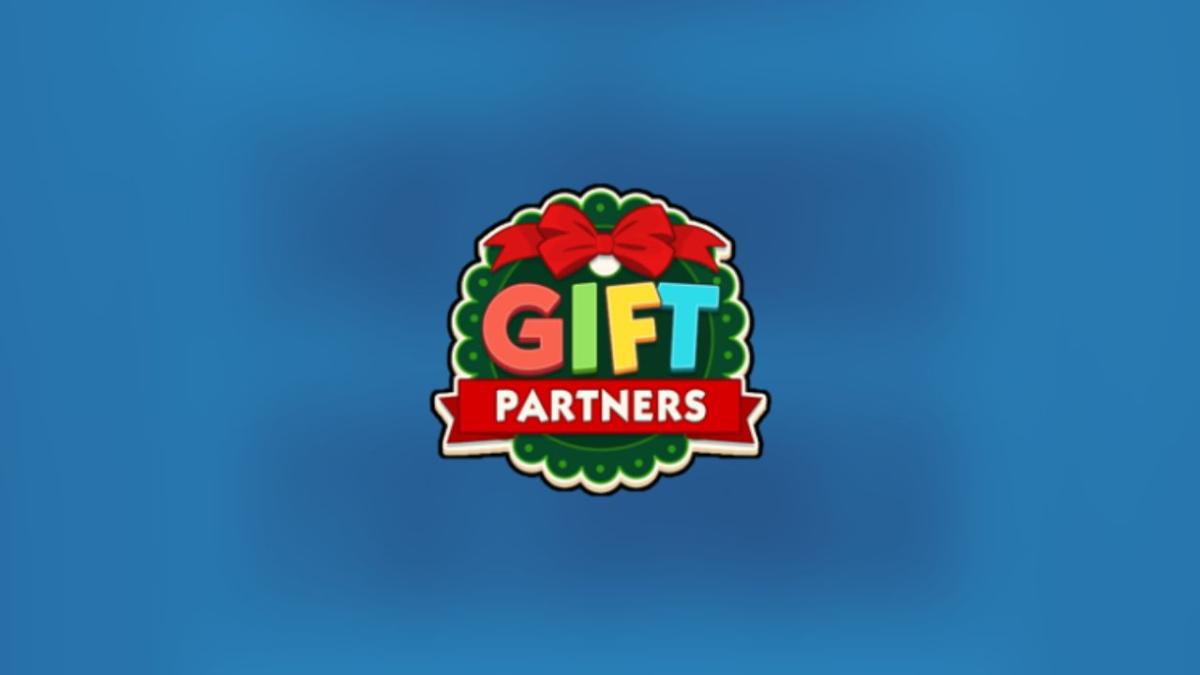 Monopoly GO's Gift Partners event logo on a blue background.