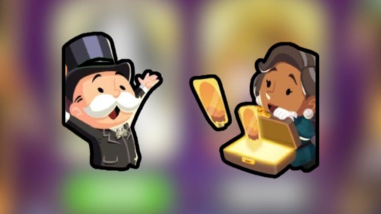 Monopoly GO's characters trading gold stickers.