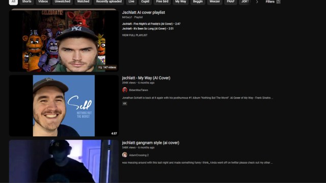 A screenshot of YouTube search results. Included is a number of 'jschlatt' AI covers.