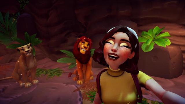 The player taking a selfie with Nala and Simba.