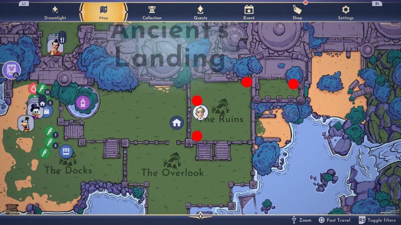 Red dots showing the ruins mining nodes in disney dreamlight valley