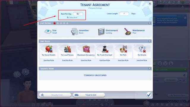 The Tenant Agreement menu in The Sims 4.