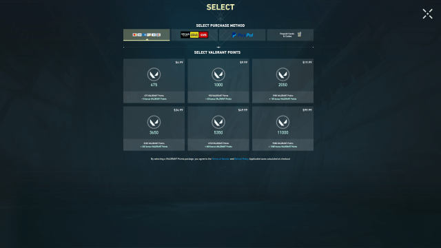 VALORANT points purchase page.
