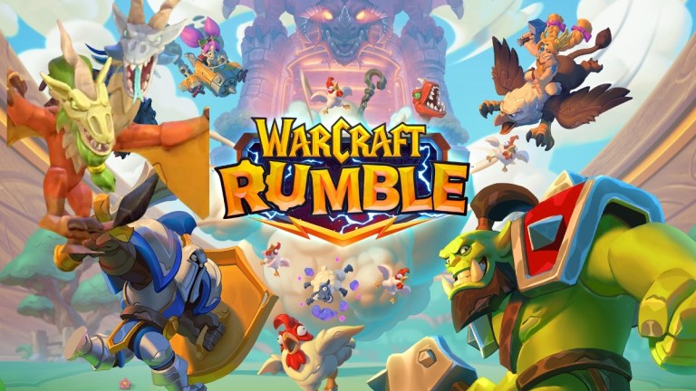 Warcraft Rumble characters in fighting stance alongside the game's logo.