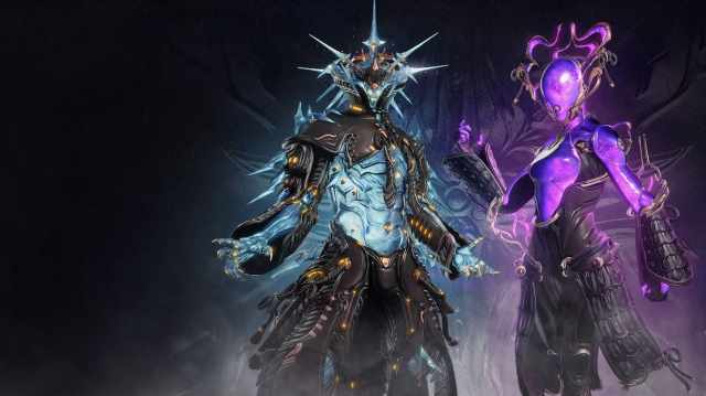 Frost and Mag, wearing their Heirloom skins, pose within a black void surrounded by a low-hanging fog effect.