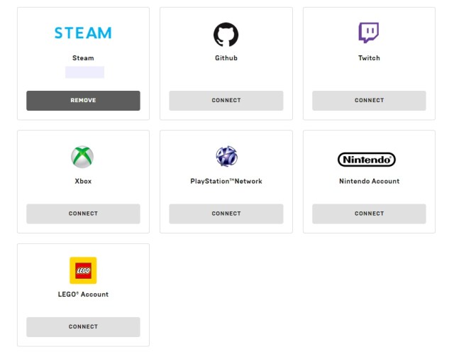 A screenshot of the Epic Games account screen showing options to connect accounts