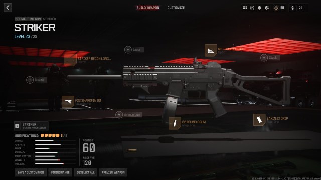 Striker gunsmith attachment loadout built for MW3 Zombies